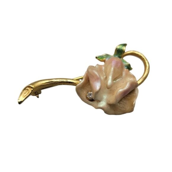 Joan Rivers 1980s Soft Pink Enamel Flower Brooch Swarovski Crystal Accent VTG - Picture 5 of 13